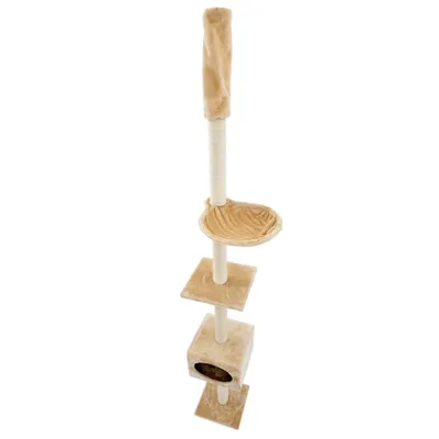 Svetlobéžový škrabadlo pre mačky s plyšovým poťahom, sisalovým stĺpikom, odpočívadlom, domčekom a viacerými plošinami. Materiál: textil, sisal.