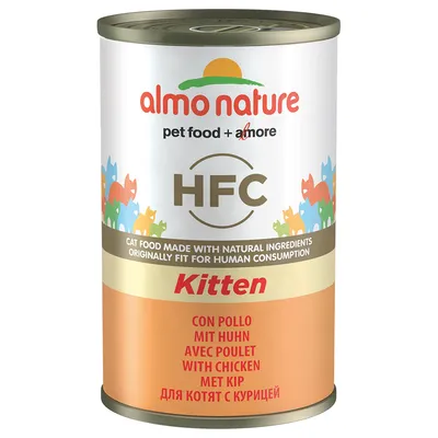 Conservă almo nature HFC Kitten, hrană pentru pisici, cu text vizibil: 'pet food + amore', 'HFC', 'cat food made with natural ingredients', 'with chicken', diverse limbi pe etichetă.
