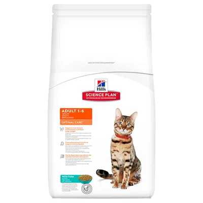 Hill's Science Plan Adult 1-6 Optimal Care con atún, pienso para gatos adultos. Envase muestra un gato y texto en inglés sobre beneficios y digestibilidad.