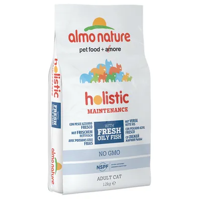 Holistic Maintenance adult cat food, 12kg, with fresh oily fish, no GMO, NSPF natural sustainable ingredients for pet food.