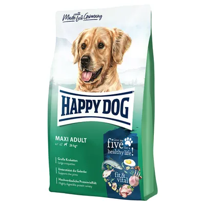 Hundfoderpåse med texten HAPPY DOG, MAXI ADULT 26 kg, fit & vital, Give me five for a healthy life. Synliga ingredienser: fisk, ägg, kött. Text på tyska och engelska om näring.