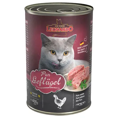 Leonardo Cat Food Pur pollame, qualità premium, Made in Germany, produzione propria, lattina da 400g con immagine di cibo per gatti e un gatto grigio.