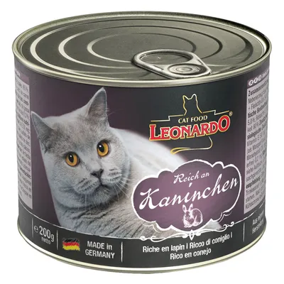 Leonardo Cat Food, bogata s kunićem, konzerva 200g. Proizvedeno u Njemačkoj. Slika sive mačke na pakiranju.