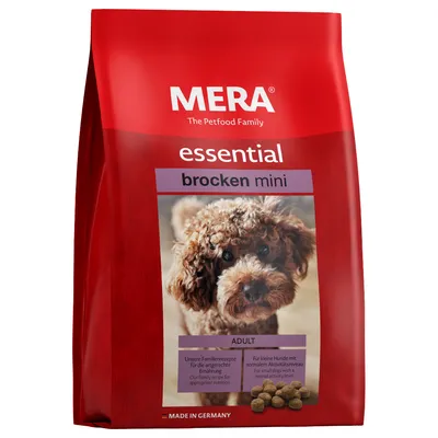 MERA essential brocken mini Adult. Pro malé psy s normální úrovní aktivity. Naše rodinné recepty pro vhodnou výživu. Vyrobeno v Německu.
