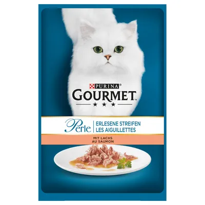 Pachet hrană pentru pisici Purina Gourmet Perle, text vizibil: Erlesene Streifen, Les Aiguillettes, mit Lachs au Saumon, imagine cu felii de somon pe farfurie.