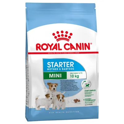 Royal Canin Starter Mother & Babydog Mini, aikuispaino enintään 10 kg. Kuvassa kolme pientä koiraa ja nappuloita. Teksti: Start Complex, Gestation/Lactation Support.