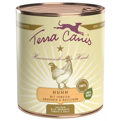 Terra Canis Huhn con pomodori, amaranto e basilico, alimento per cani. Testo visibile: 100% Natur, 100% Lebensmittelqualität, senza glutine. Immagine di un pollo sull'etichetta.