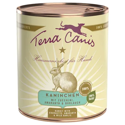 Lata de comida para perros Terra Canis Kaninchen, con texto visible: 'mit Zucchini, Amaranth & Bärlauch', '100 % Natur', imagen de conejo en la etiqueta.