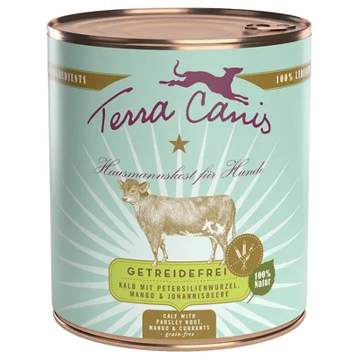 Terra Canis Hausmannskost für Hunde, Getreidefrei, 100 % Natur, Kalb s korijenom peršina, mango i ribiz, natpis na njemačkom i engleskom jeziku na limenci pseće hrane.