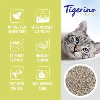Tigerino Premium. Natural clay of bentonite, ultra absorbent & efficient, extremely low-dust, immediate clumping, fast odour control, with lemongrass scent. Tekst na engleskom jeziku.