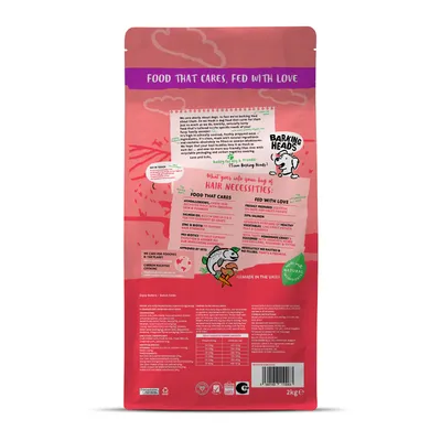Back of pet food bag showing feeding guide, nutritional information, ingredient highlights such as salmon oil and prebiotics, and product claims including hypoallergenic and made in the UK.