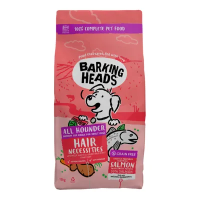 Barking Heads All Hounder Hair Necessities medium size kibble for adult dogs, grain free, hypoallergenic, vet approved, made with Scottish salmon and sweet potato, 12kg bag.