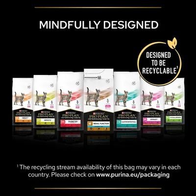 Range of Purina Pro Plan Veterinary Diets cat food bags with labels for obesity, hepatic, diabetes, renal function, gastrointestinal, urinary, and hypoallergenic. Designed to be recyclable.