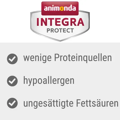 Animonda Integra Protect. Wenige Proteinquellen, hypoallergen, ungesättigte Fettsäuren.