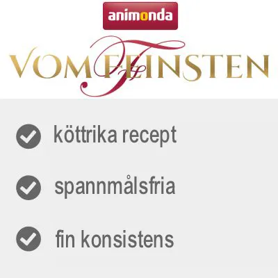 animonda Vom Feinsten. köttrika recept, spannmålsfria, fin konsistens.