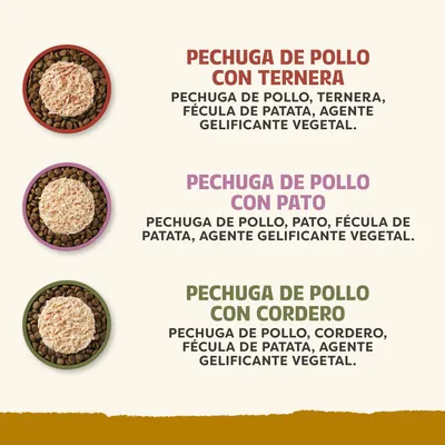 Lista de ingredientes para tres variedades: pechuga de pollo con ternera, pechuga de pollo con pato, pechuga de pollo con cordero. Contiene: pechuga de pollo, carne correspondiente, fécula de patata, agente gelificante vegetal.