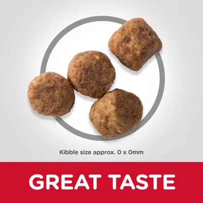 Four round kibble pieces shown with text stating kibble size approximately 0 x 0mm and great taste highlighted below.