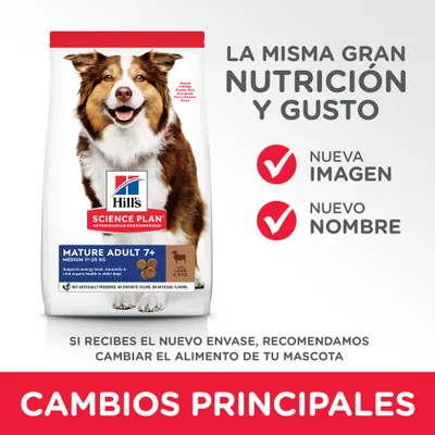 Hill's Science Plan Mature Adult 7+ Medium 11–25 kg, cordero y arroz. Nueva imagen, nuevo nombre. Cambios principales en el envase, no es necesario cambiar el alimento.