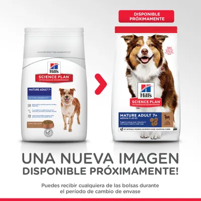 Hill's Science Plan Mature Adult 7+ con cordero y arroz, cambio de imagen del envase. Texto: 'UNA NUEVA IMAGEN DISPONIBLE PRÓXIMAMENTE'. Puedes recibir cualquiera durante el cambio.