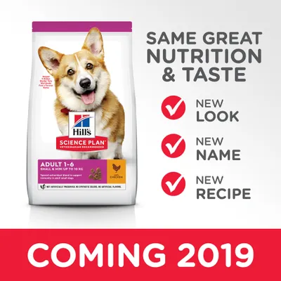 Hill's Science Plan Adult 1–6 Small & Mini up to 10 kg Chicken -koiranruokapakkaus. Tekstit: Same great nutrition & taste, new look, new name, new recipe, coming 2019.