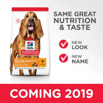Hill's Science Plan Light Mature Adult 7+ Medium 11–25 kg Chicken -koiranruokapakkaus. Tekstit: SAME GREAT NUTRITION & TASTE, NEW LOOK, NEW NAME, COMING 2019.