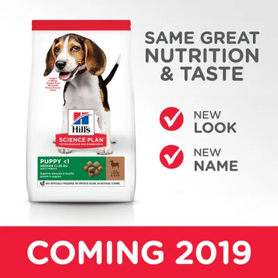 Hill's Science Plan Puppy <1 Medium 11–25 kg, Lamb & Rice -koiranruokapakkaus. Tekstit: Same great nutrition & taste, new look, new name, coming 2019.