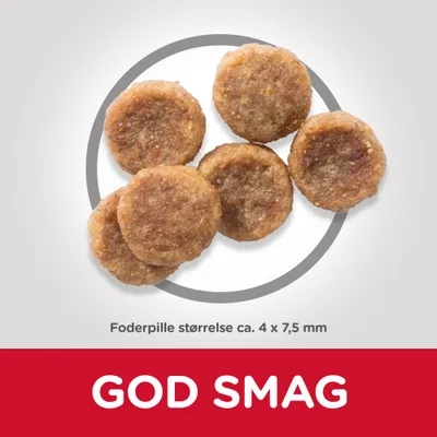 Foderpille størrelse ca. 4 x 7,5 mm. Tekst: GOD SMAG. Seks runde foderpiller vist ovenfor.