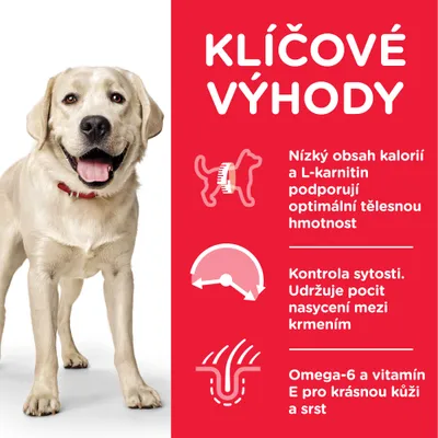 Kľúčové výhody: nízky obsah kalórií a L-karnitín pre optimálnu telesnú hmotnosť, kontrola sýtosti, omega-6 a vitamín E pre kožu a srsť. Text v češtine.