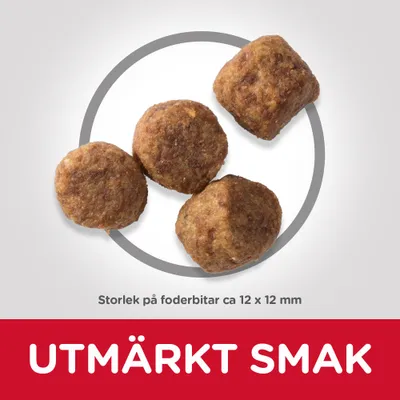 Fyra foderbitar, storlek ca 12 × 12 mm. Text: UTOMRÄKT SMAK.