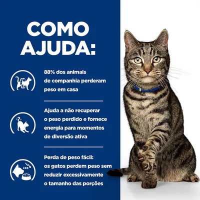 Texto: Como ajuda: 88% dos animais de companhia perderam peso em casa. Ajuda a não recuperar o peso perdido e fornece energia para momentos de diversão ativa. Perda de peso fácil: os gatos perdem peso sem reduzir excessivamente o tamanho das porções.