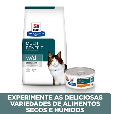 Hill's Prescription Diet Multi-Benefit w/d para gatos, embalagem de alimento seco e lata de alimento húmido. Texto: Experimente as deliciosas variedades de alimentos secos e húmidos.