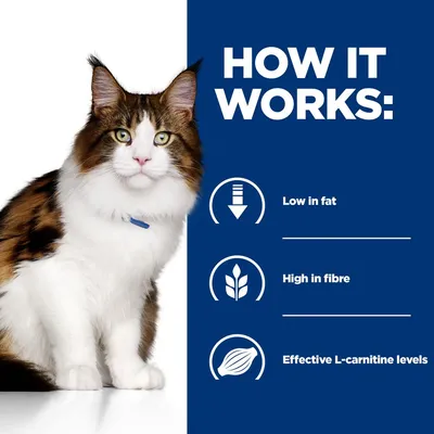 How it works: low in fat, high in fibre, effective L-carnitine levels. Image shows a cat next to these product benefits.