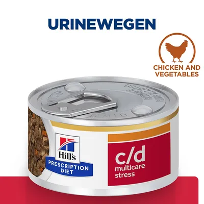 Hill's Prescription Diet c/d multicare stress natvoer, tekst: URINEWEGEN, CHICKEN AND VEGETABLES. Blik met afbeelding van voer en kip-icoon zichtbaar.
