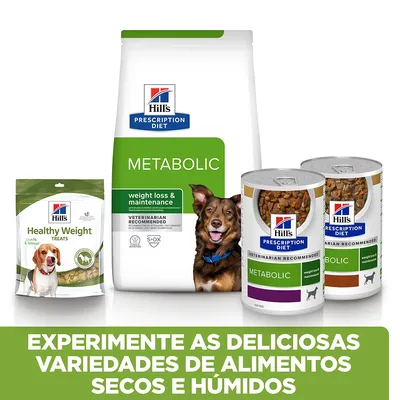 Hill's Prescription Diet Metabolic: embalagem de ração seca, duas latas de alimento húmido e snacks Healthy Weight Treats para cães. Texto: Experimente as deliciosas variedades de alimentos secos e húmidos.