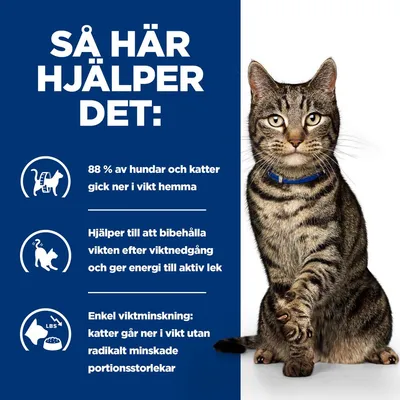 Så här hjälper det: 88 % av hundar och katter gick ner i vikt hemma. Hjälper till att bibehålla vikten efter viktnedgång och ger energi till aktiv lek. Enkel viktminskning för katter.