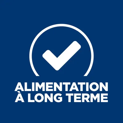 Texte : ALIMENTATION À LONG TERME, avec une coche blanche dans un cercle. Texte en français de Belgique.