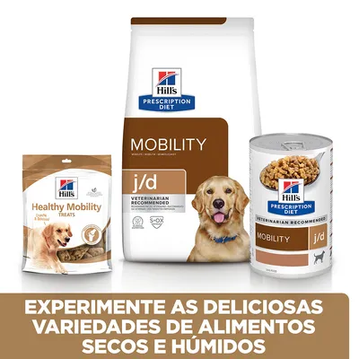 Hill's Prescription Diet Mobility j/d: embalagem de ração seca, lata de comida húmida e snacks Healthy Mobility Treats para cães. Texto: Experimente as deliciosas variedades de alimentos secos e húmidos.