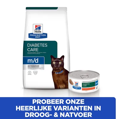 Hill's Prescription Diet Diabetes Care m/d kattenvoer, droog- en natvoer verpakking met kat. Tekst: Probeer onze heerlijke varianten in droog- & natvoer.