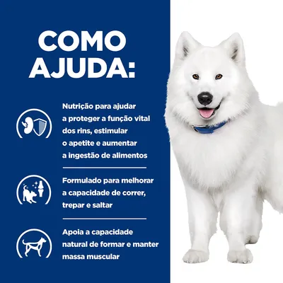 Texto: Como ajuda: Nutrição para ajudar a proteger a função vital dos rins, estimular o apetite e aumentar a ingestão de alimentos. Formulado para melhorar a capacidade de correr, trepar e saltar. Apoia a capacidade natural de formar e manter massa muscular.
