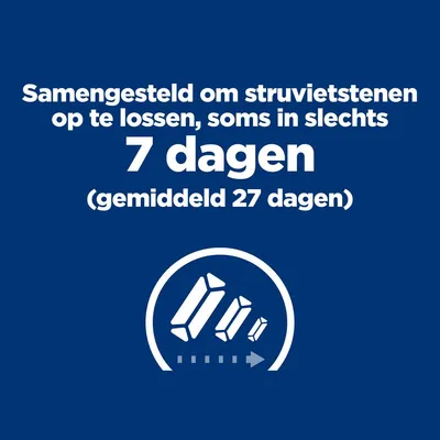 Samengesteld om struvietstenen op te lossen, soms in slechts 7 dagen (gemiddeld 27 dagen). Afbeelding van afnemende kristallen met pijl.