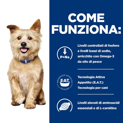 COME FUNZIONA: Livelli controllati di fosforo e bassi di sodio, arricchito con Omega-3 da olio di pesce. Tecnologia Attiva Appetito (E.A.T) per cani. Alti aminoacidi essenziali e L-carnitina.