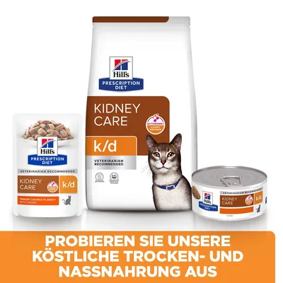 Hill's Prescription Diet Kidney Care k/d für Katzen. Trockenfutter, Nassfutter in Dose und Beutel. Text: Probieren Sie unsere köstliche Trocken- und Nassnahrung aus.
