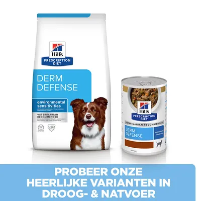 Hill's Prescription Diet Derm Defense droogvoer en natvoer voor honden, tekst: Probeer onze heerlijke varianten in droog- & natvoer. Voor omgevingsgevoeligheden. Veterinarian recommended.