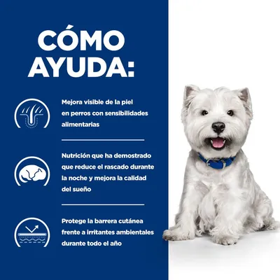 Texto: Cómo ayuda. Mejora visible de la piel en perros con sensibilidades alimentarias. Nutrición que reduce el rascado nocturno y mejora el sueño. Protege la barrera cutánea todo el año. Texto: Cómo ayuda. Mejora visible de la piel en perros con sensibilidades alimentarias. Nutrición que reduce el rascado nocturno y mejora el sueño. Protege la barrera cutánea todo el año.