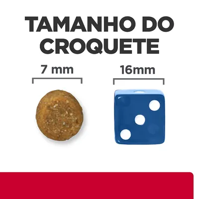 Tamanho do croquete: diâmetro de 7 mm ao lado de um dado azul com 16 mm. Texto visível: 'TAMANHO DO CROQUETE', '7 mm', '16 mm'.