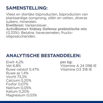 Samenstelling: vlees, dierlijke en plantaardige bijproducten, oliën, vetten, suikers, mineralen. Eiwitbron: varkenslever. Analytische bestanddelen: eiwit 4,2%, vet 6,8%, vocht 73,2%.