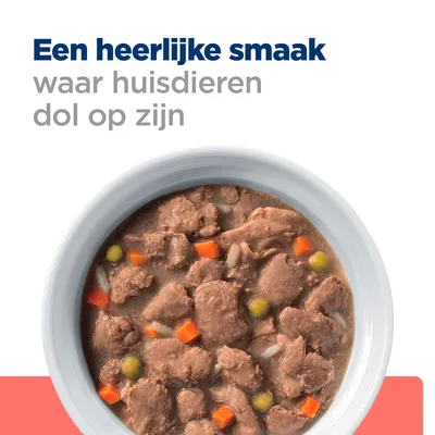 Een heerlijke smaak waar huisdieren dol op zijn. Kom met natvoer, zichtbaar vlees, wortel en erwt.