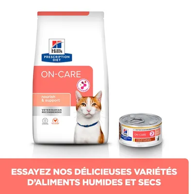 Hill's Prescription Diet ON-CARE pour chats, sac de croquettes et boîte d'aliment humide. Texte : Essayez nos délicieuses variétés d’aliments humides et secs.