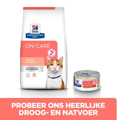 Hill's Prescription Diet ON-CARE kattenvoer, grote zak droogvoer en blik natvoer. Tekst: Probeer ons heerlijke droog- en natvoer. Op verpakking: nourish & support, veterinarian recommended.