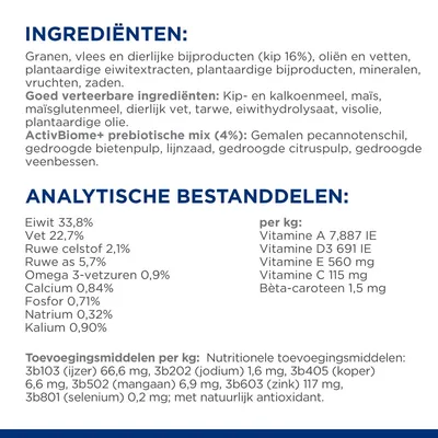 Ingrediënten: granen, kip 16%, oliën en vetten, plantaardige eiwitextracten, mineralen, zaden. Analytische bestanddelen: eiwit 33,8%, vet 22,7%, ruwe celstof 2,1%, vitaminen per kg vermeld.